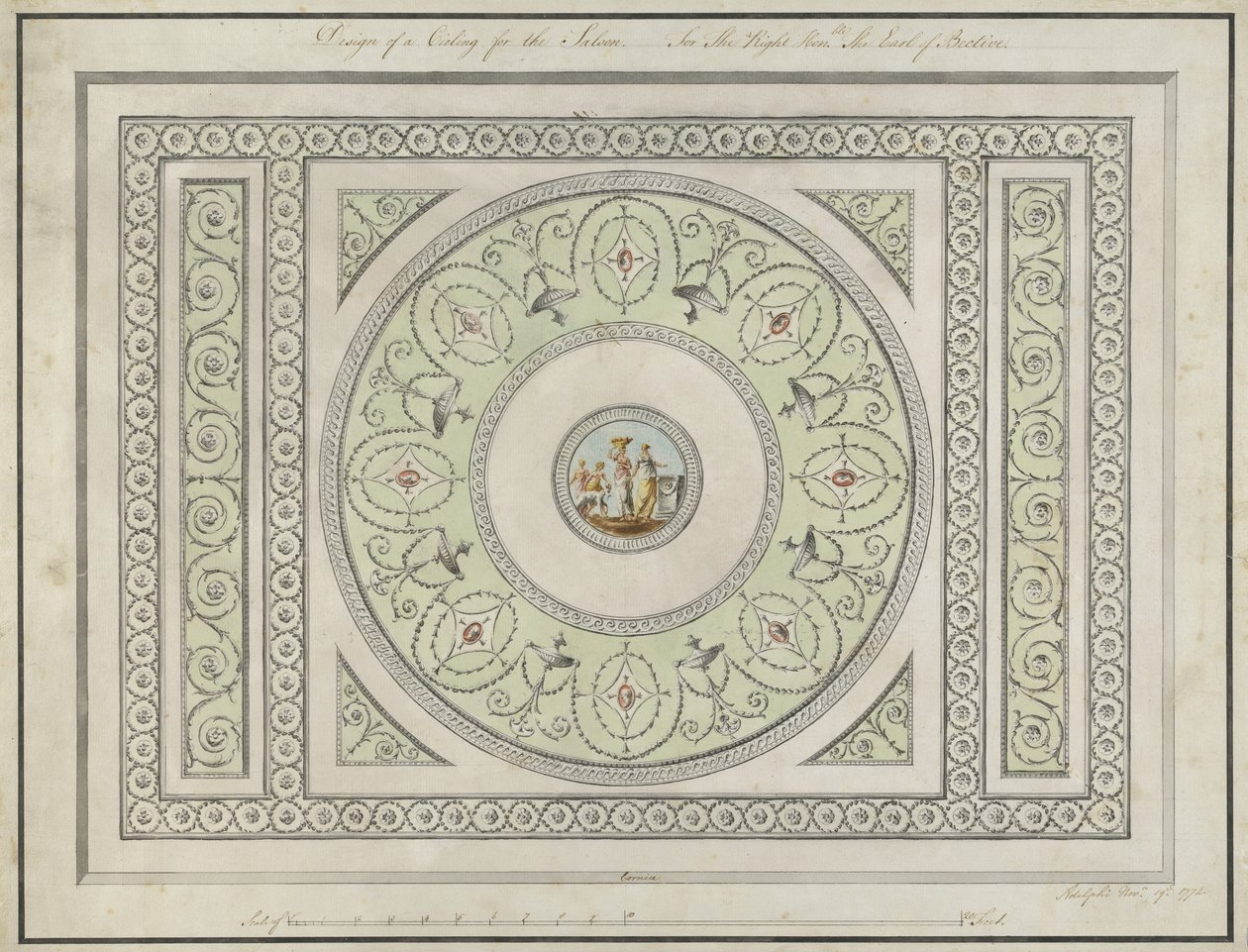 Projekt sufitu Saloon, Headfort House, 1772 (długopis, czarno-brązowy tusz i toaleta na papierze wykładanym) autorstwa Robert Adam
