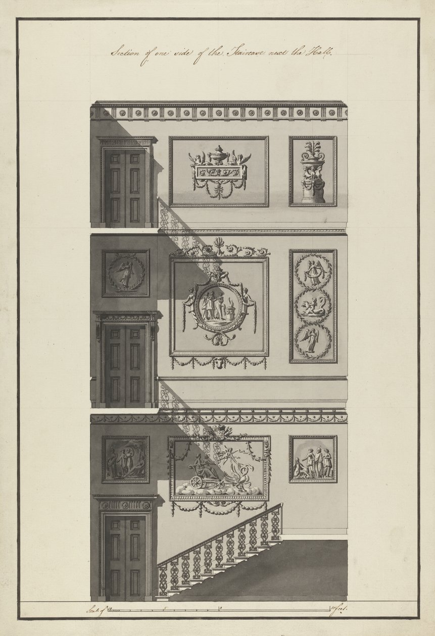 Dom przyczółkowy. Schody, część boczna, 1775 (pióro i tusz oraz wc pranie na papierze) autorstwa Robert Adam