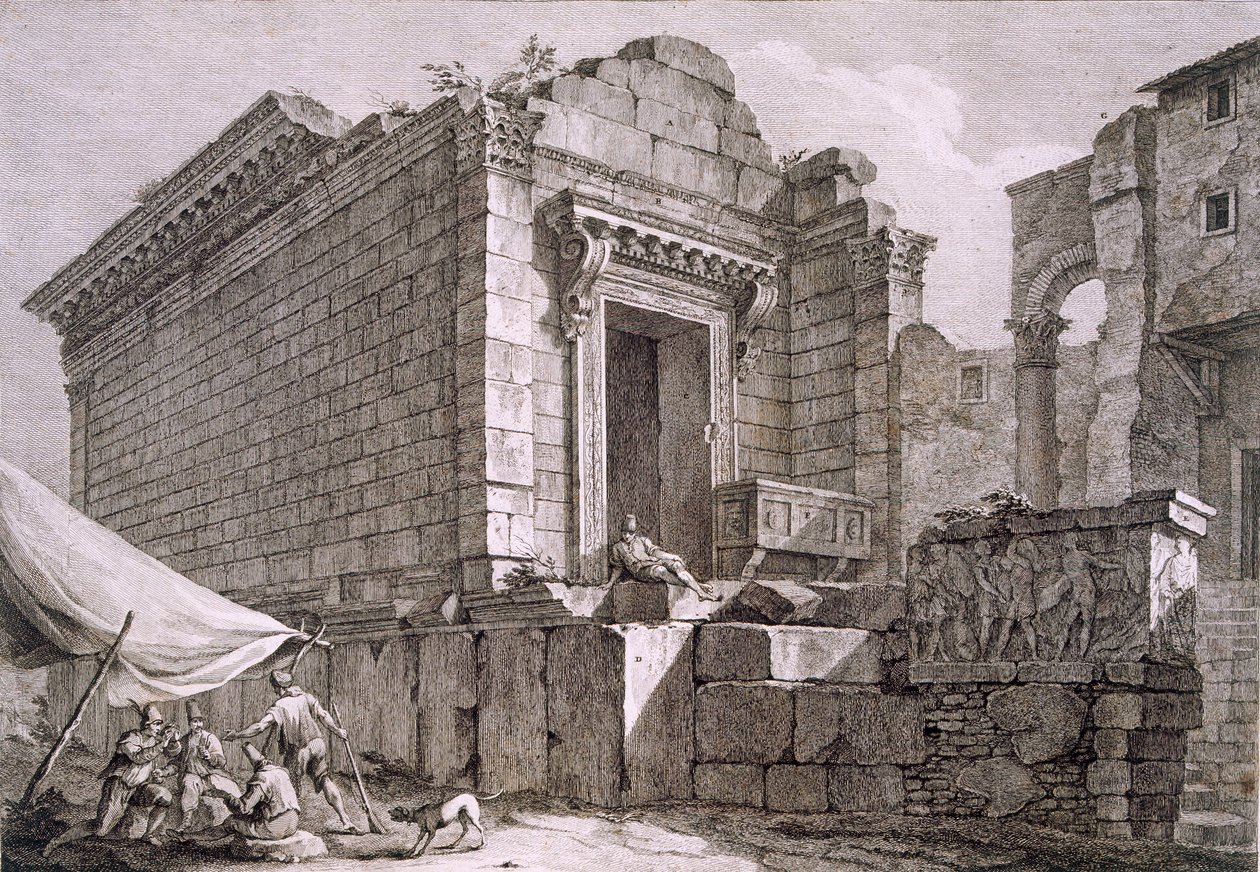 Widok świątyni Eskulapa, z „Ruiny pałacu cesarza Dioklecjana w Spalatro w Dalmacji”, opublikowany 1764 autorstwa Robert Adam