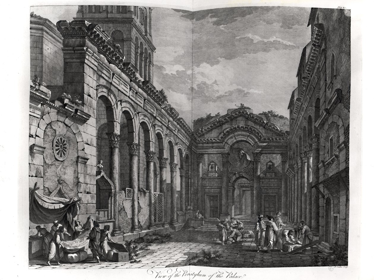 Widok na perystyl pałacu Dioklecjana (245-313), cesarza rzymskiego 284-305, w Splicie na wybrzeżu Dalmacji, rytowany przez P. Santiniego, 1768 autorstwa Robert Adam