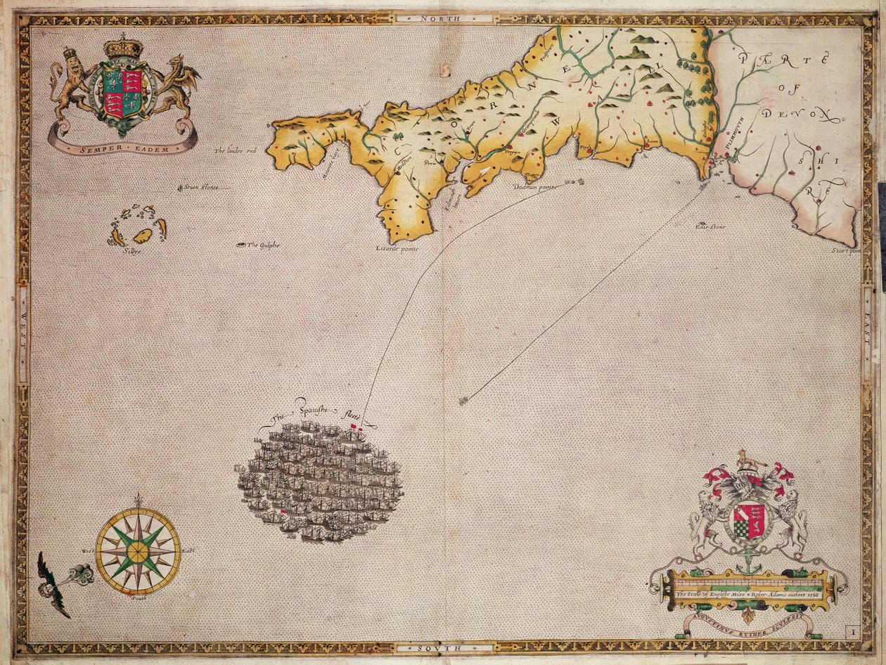 Mapa nr 1 przedstawiająca trasę floty Armady, rytowana przez Augustyna Rythera, 1588 autorstwa Robert Adams