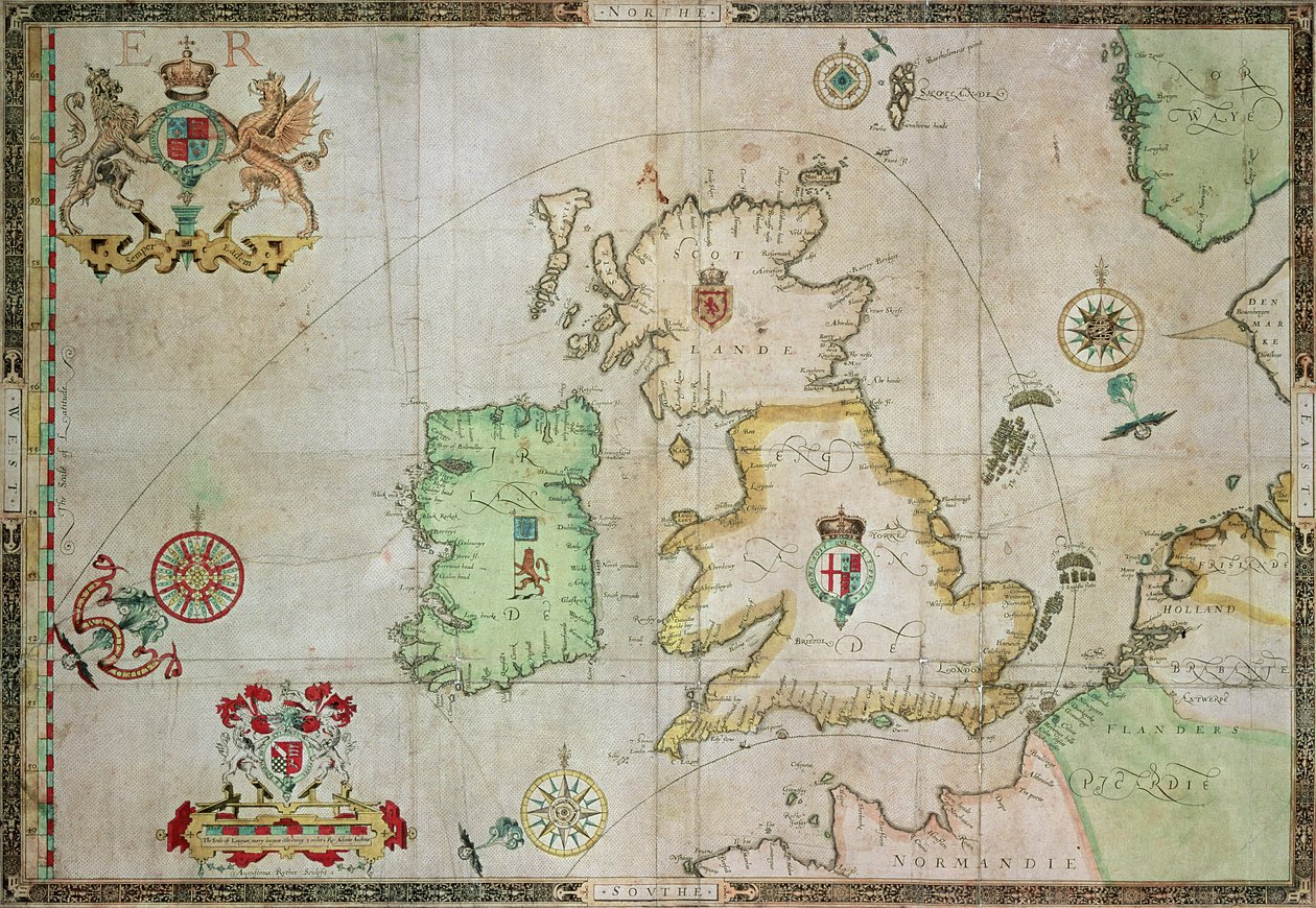 Mapa przedstawiająca trasę floty Armady, wyryta przez Augustyna Rythera, 1588 (patrz 133339 dla bw) autorstwa Robert Adams