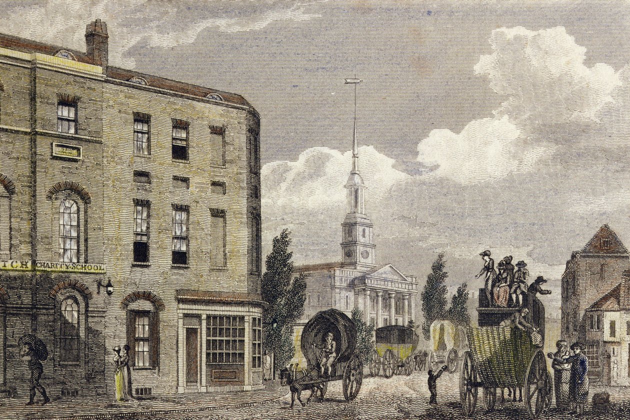 Wejście do Londynu w kościele Shoreditch, 1810 (kolor grawerowany) autorstwa Robert Blemell Schnebbelie