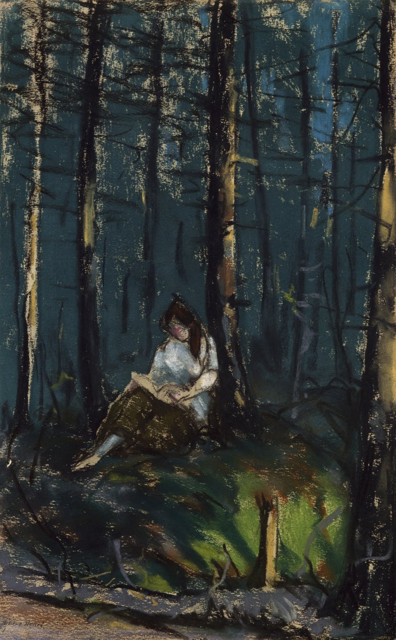 Czytelnik w lesie, 1918 (pastel na papierze tkanym) autorstwa Robert Cozad Henri