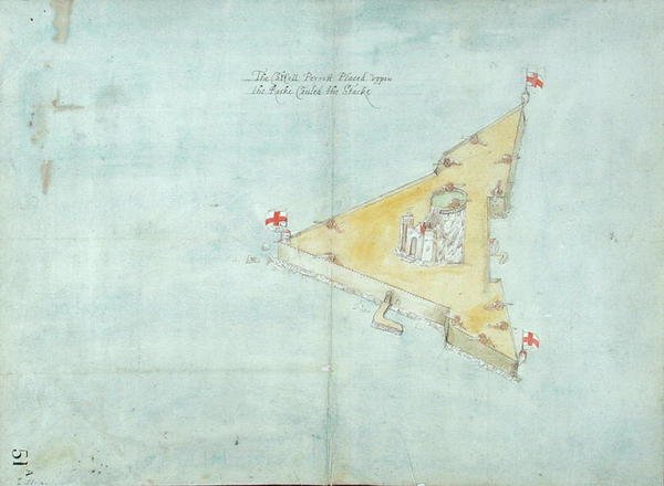 Castell Perrott umieszczony na skale zwany stosem, ok. 1597-1601 (toaleta, ołówek, długopis i atrament na papierze z podkładem lnianym) autorstwa Robert Devereux