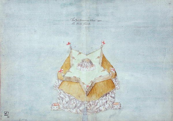 Fort Devereux umieszczony na wyspie paproci, ok. 1597-1601 (toaleta, ołówek, długopis i atrament na papierze z podkładem lnianym) autorstwa Robert Devereux