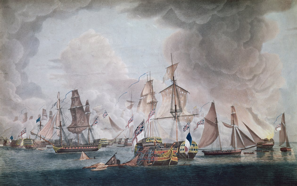 1805 оны Трафальгарын тулалдаанд Франц, Испанийн нэгдсэн хүчний ялагдал (өнгөт сийлбэр)поли. autorstwa Robert Dodd