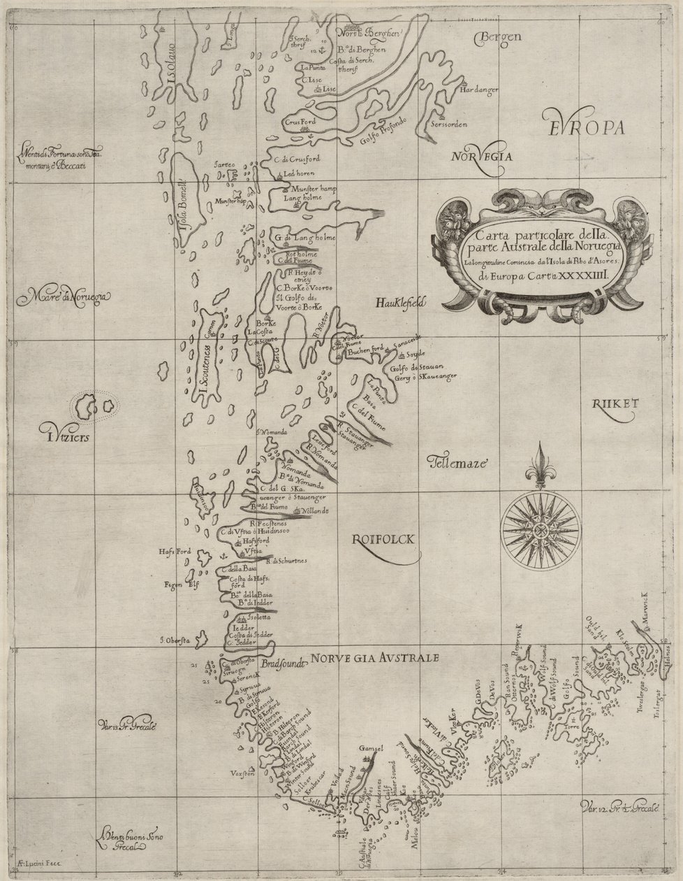 Mapa ze zbiorów map Biblioteki Narodowej. Mapa została opublikowana ok. 1647 r. i przedstawia południową Norwegię, wybrzeże, mapy morskie autorstwa Robert Dudley
