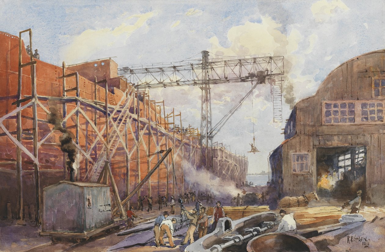 Polson Iron Work Yard, okręt wojenny Hydra na zapasach, 1918 autorstwa Robert Ford Gagen