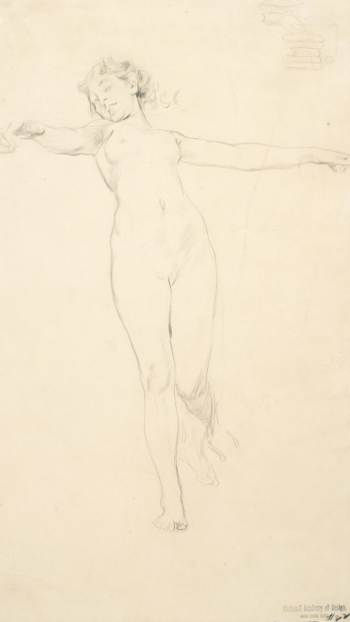 Szkic stojącej nagiej kobiety, prawdopodobnie do muralu Moods to Music, 1893-95 (grafit na papierze płowożółtym) autorstwa Robert Frederick Blum