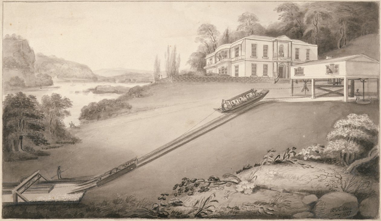 Pochylona łódź przeniesiona na górny poziom kanału, 1797 autorstwa Robert Fulton