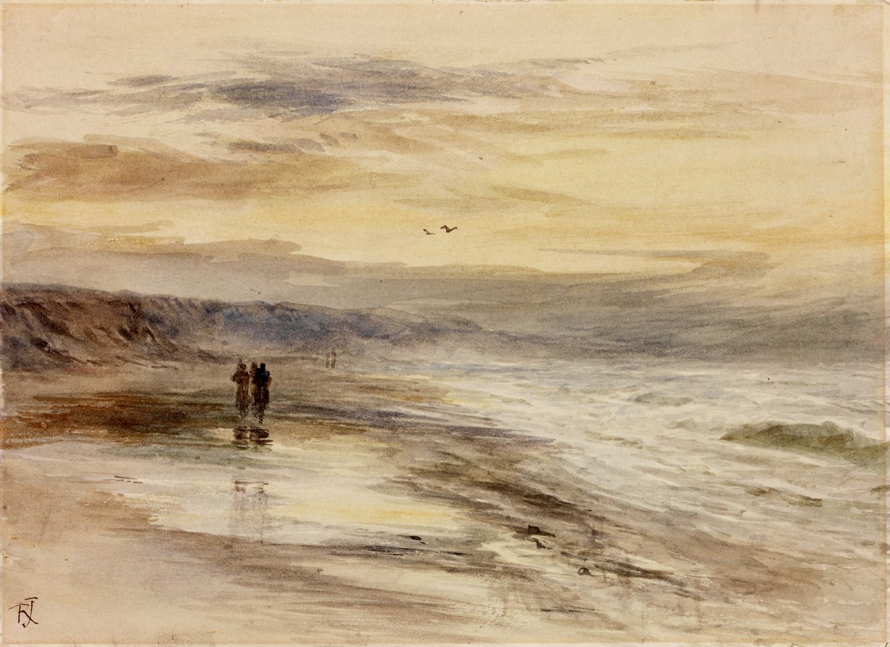 Figures on Seashore at Dusk (akwarela na papierze (wklejona na karton)) autorstwa Robert Jobling