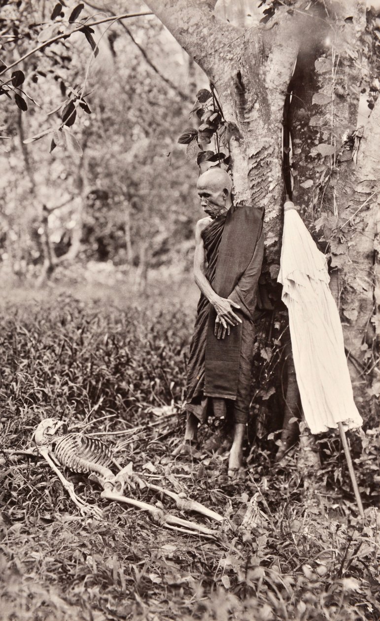 Symboliczne zdjęcie mnicha kontemplującego szkielet, Siam, ok. 1890 r. autorstwa Robert Lenz