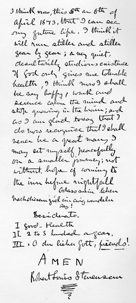 Osobista filozofia Stevensona i lista Dezyderatów dla szczęśliwego życia, 1873 autorstwa Robert Louis Stevenson