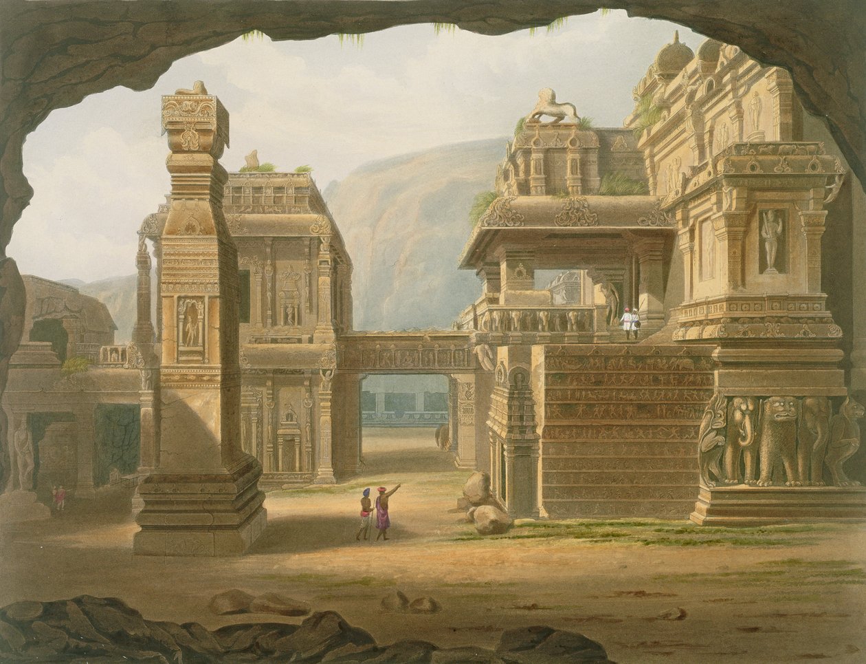 Wielka Wykopana Świątynia w Ellora w 1813 r., z tomu I „Sceneria, kostiumy i architektura Indii”, sztychowana przez G. Rawle, grawerowana przez G. Hunta i kolorowana przez J.B. Hogartha, wyd. przez Ackermanna, 1826 autorstwa Robert Melville Grindlay