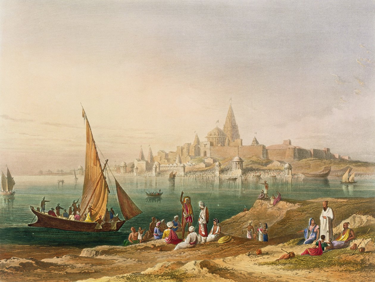 Święte miasto i świątynie Dwarki, z tomu II „Sceneria, kostiumy i architektura Indii”, narysowane przez Williama Pursera (ok. 1790-1852) i grawerowane przez R.G. Reeve (fl.1811-37) wyd. autorstwa Smitha, Eld autorstwa Robert Melville Grindlay