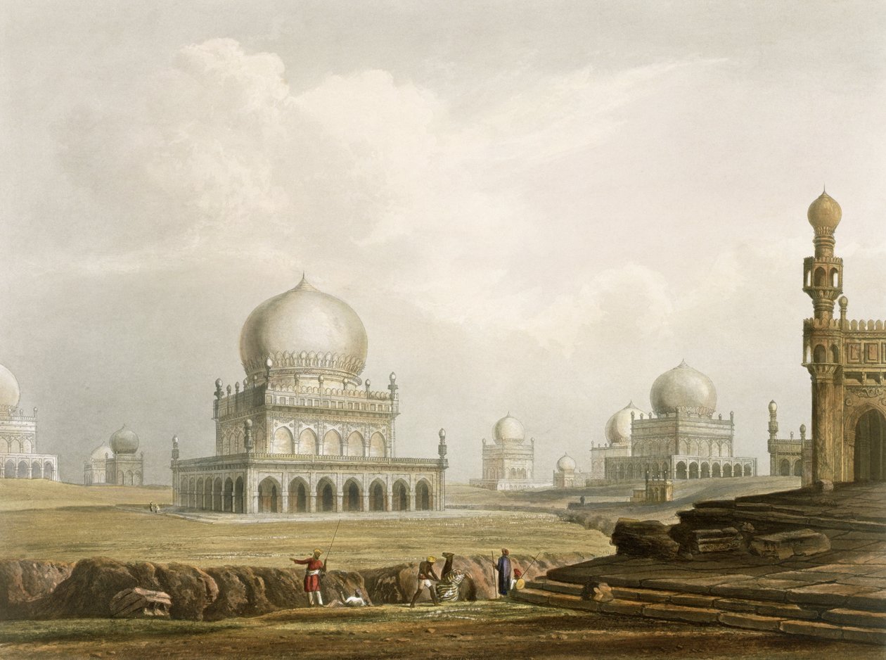 Grobowce królów Golcondy w 1813 r., z tomu I „Sceneria, kostiumy i architektura Indii”, sztychowane przez J. Willisa i grawerowane przez G. Hunta, wyd. Smith, Elder and Company, 1826 (akwatinta) autorstwa Robert Melville Grindlay