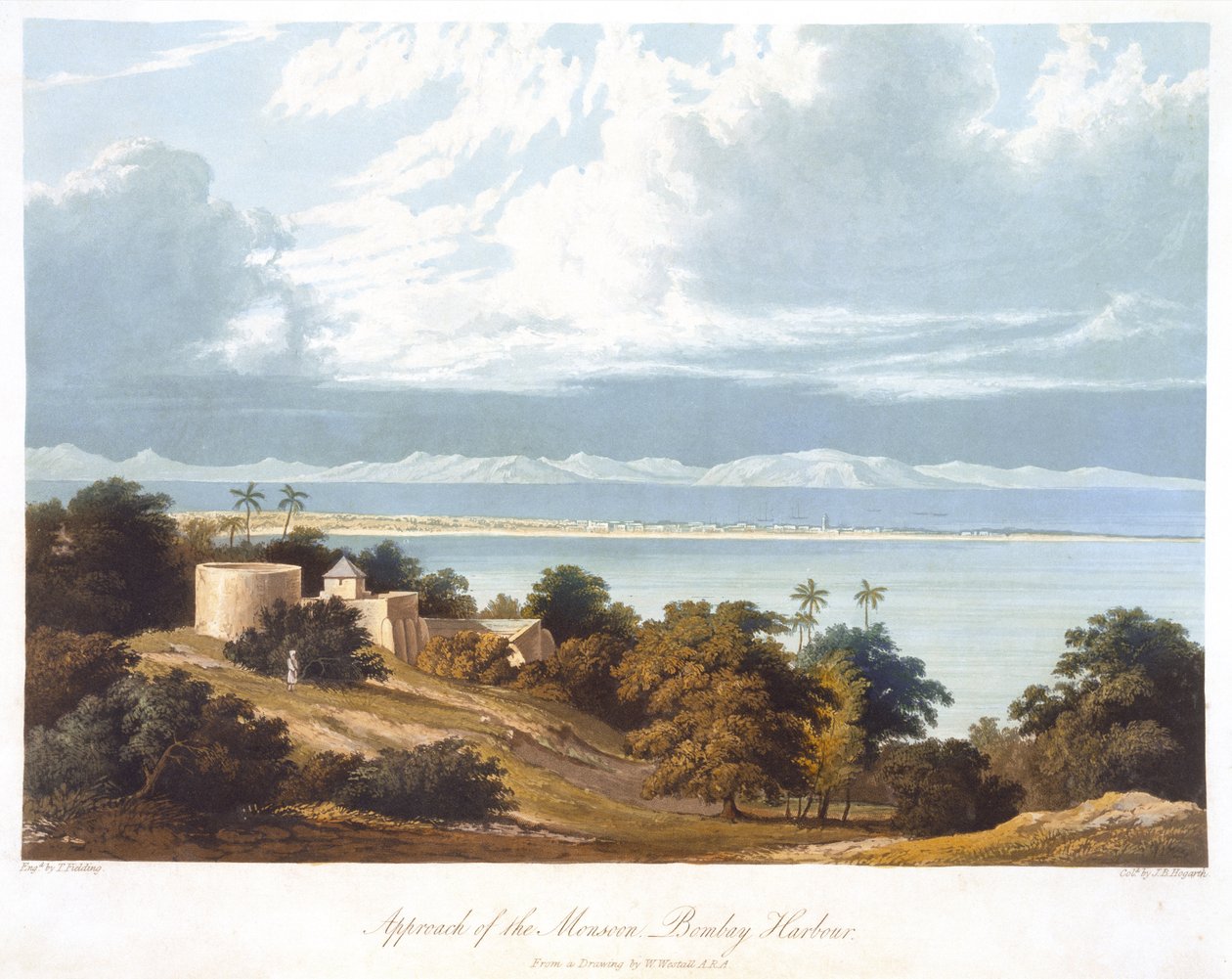 Approach of the Monsoon, Bombay Harbour, z rysunku Williama Westalla (1781-1850) z książki Scenery, Costumes and Architecture of India rytowane przez T. Fieldinga, kolorowane przez J.B. Hogartha, opublikowane 182 autorstwa Robert Melville after Grindlay
