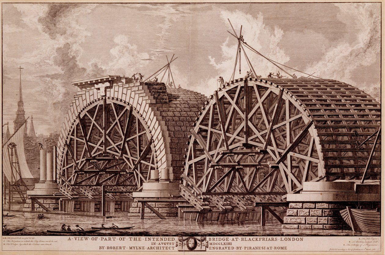 Widok części zamierzonego mostu w Blackfriars London, grafika wykonana przez Piranesiego, 1764 autorstwa Robert Milne