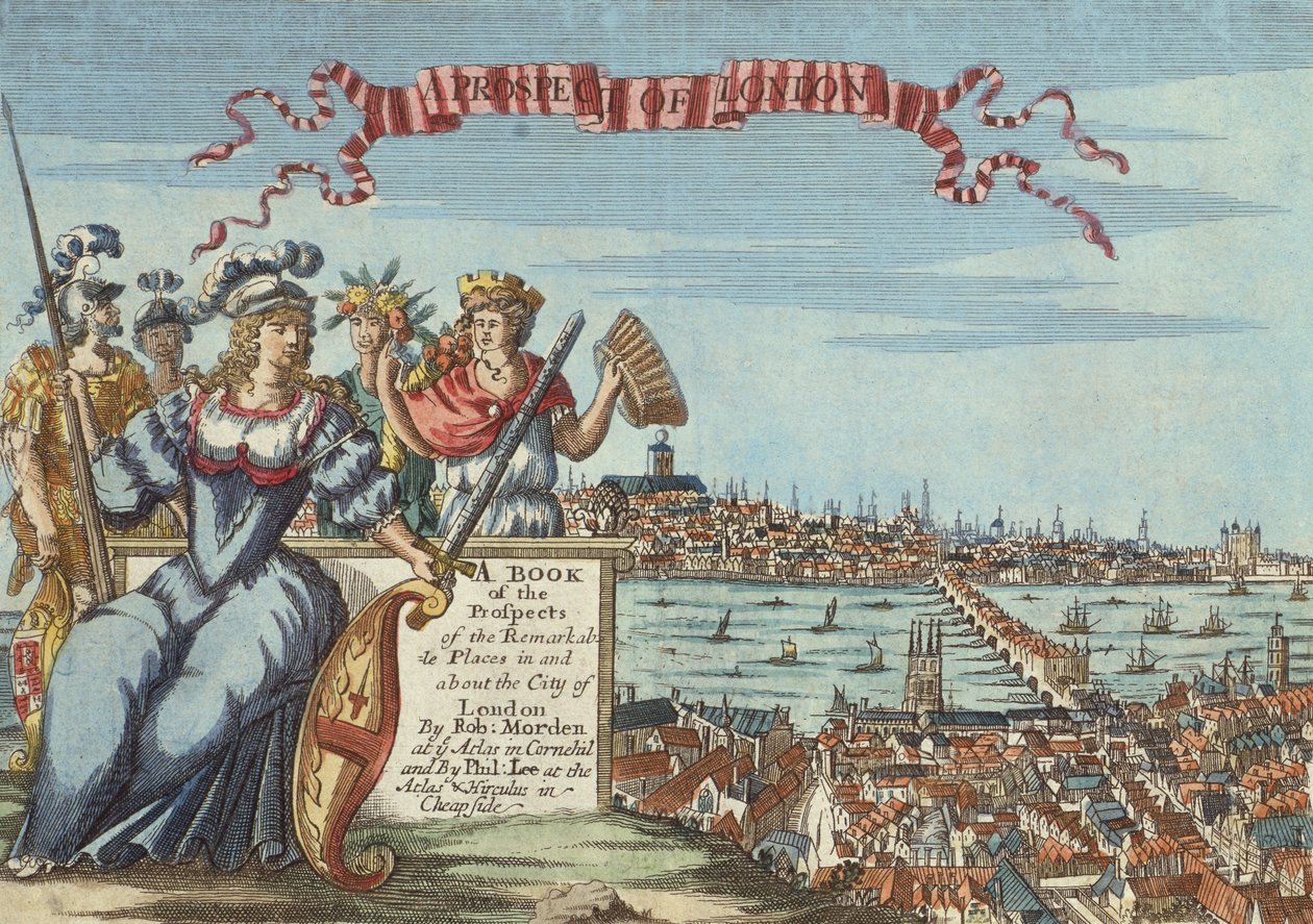 A Prospect of London, Frontispiece z A Book of the Prospects of the Remarkable Places in and About the City of London, c.1700 autorstwa Robert Morden