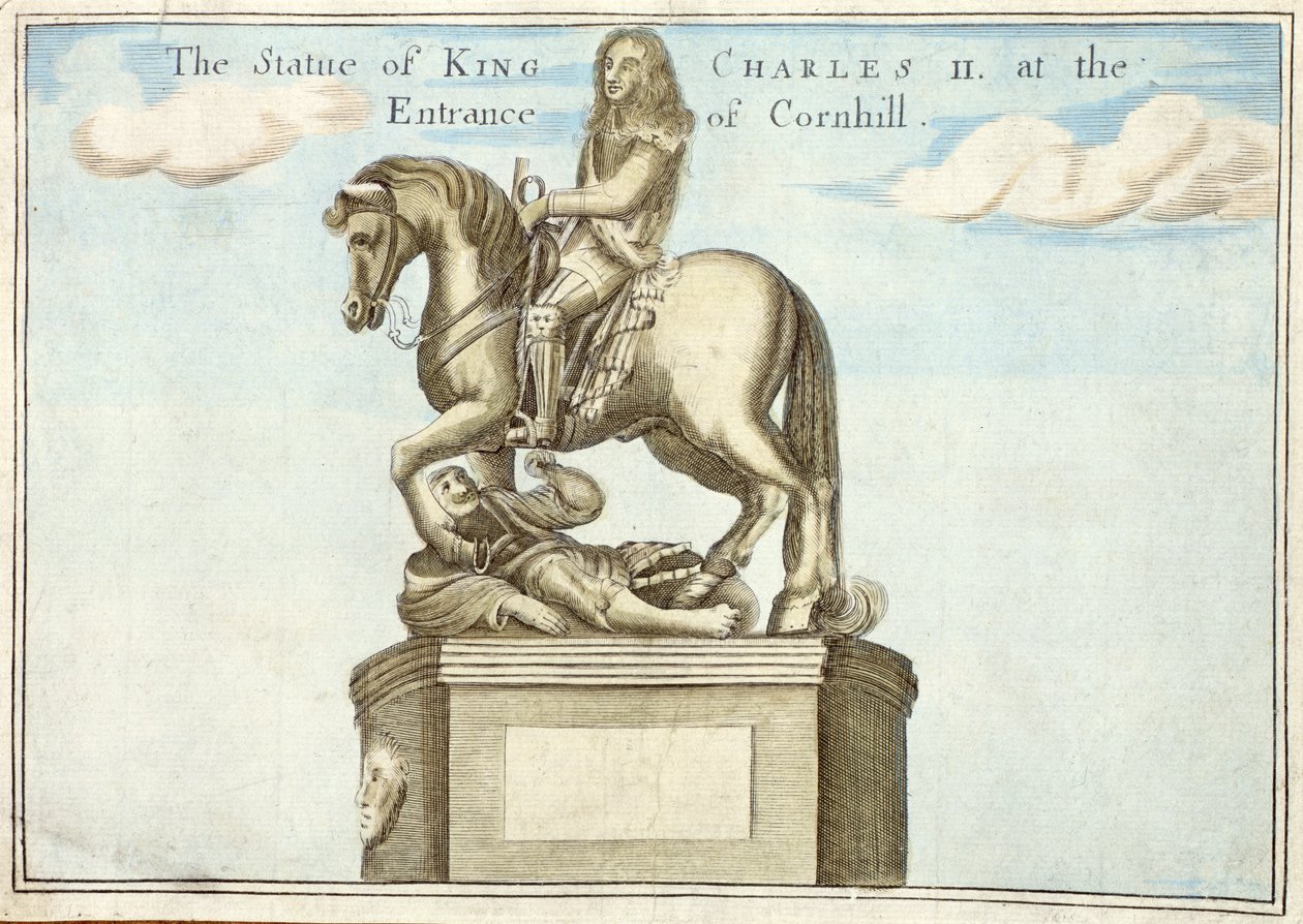 Statua króla Karola II (1630-85) przy wejściu do Cornhill, z Księgi perspektyw niezwykłych miejsc w Londynie i wokół niego, c.1700 autorstwa Robert Morden