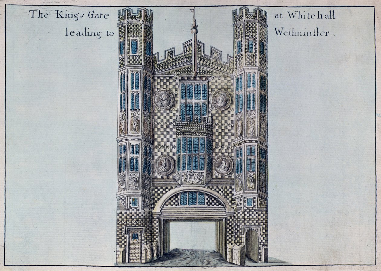 Whitehall: The Kings Gate prowadząca do Westminster, z „Księgi perspektyw niezwykłych miejsc w City of London i wokół niego”, ok. 1700 autorstwa Robert Morden