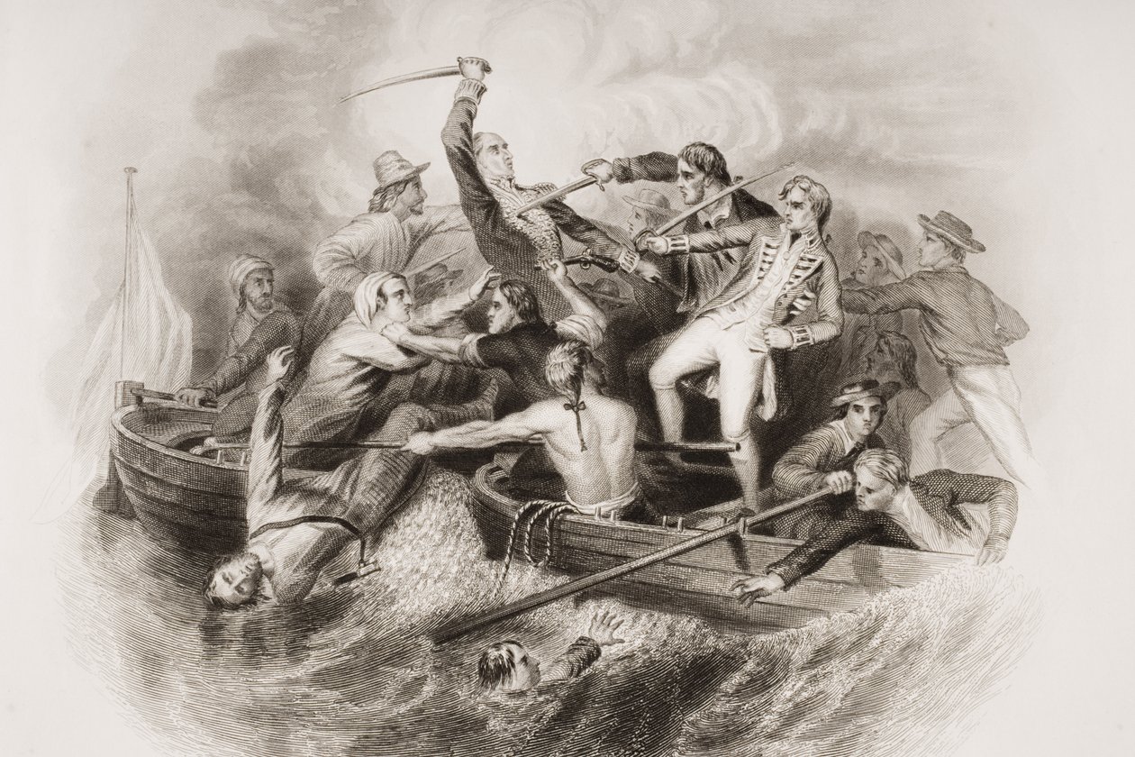 Desperackie spotkanie na kanonierkach między Nelsonem a Don Miguelem Tyrasonem, ilustracja z „Bitwy Anglii na morzu i lądzie” Lieuta. Pułkownik Williams, grawerowane przez G. Greatbach autorstwa Robert Neal Hind