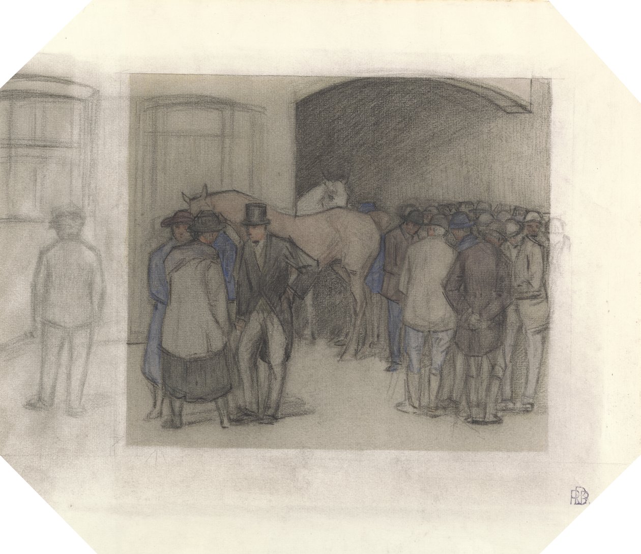 Poranek w Tattersalls (czarna kreda i kolorowe washy na papierze) autorstwa Robert Polhill Bevan
