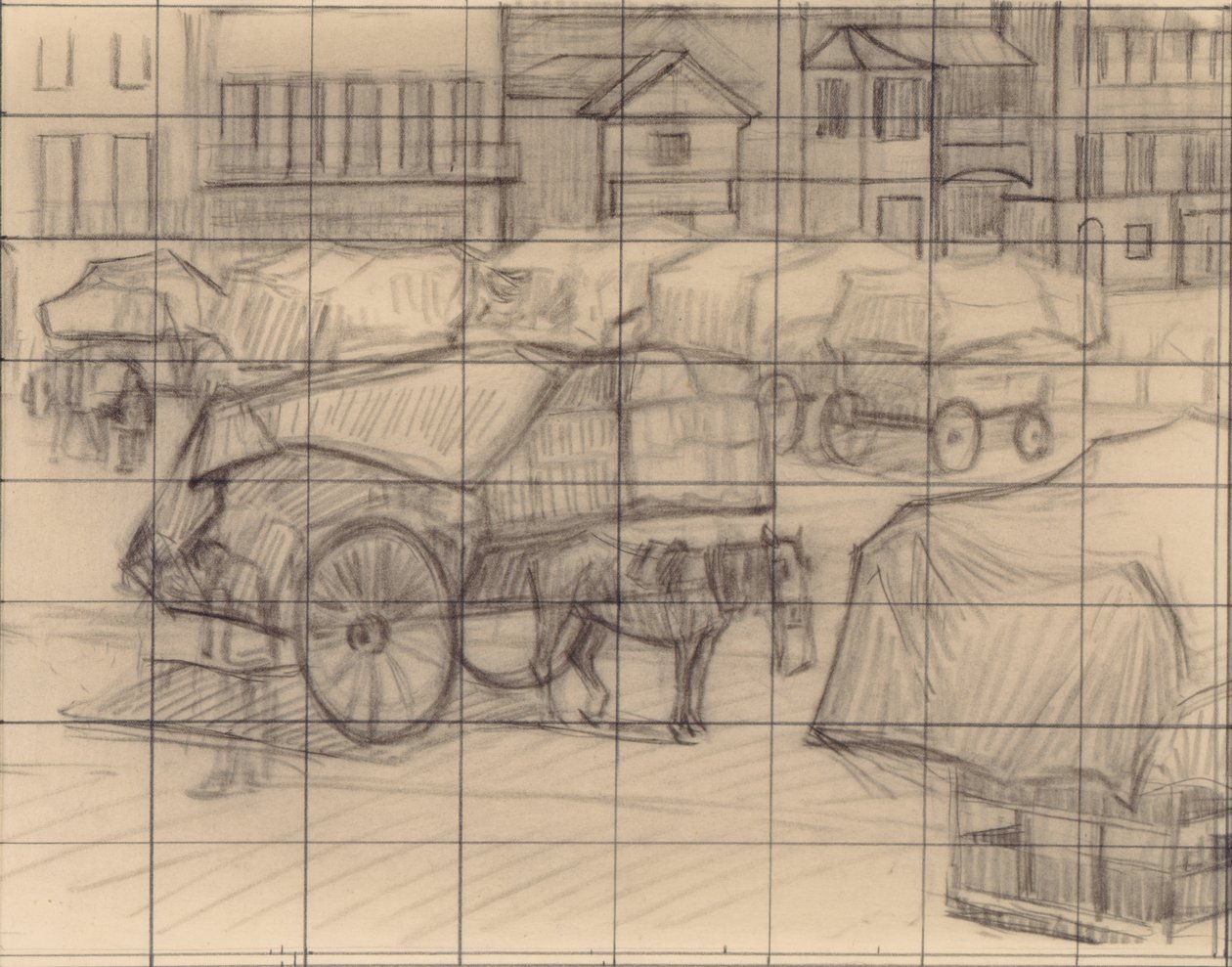 Wózki z sianem, Cumberland Market, ok. 1915 (kredka na papierze) autorstwa Robert Polhill Bevan