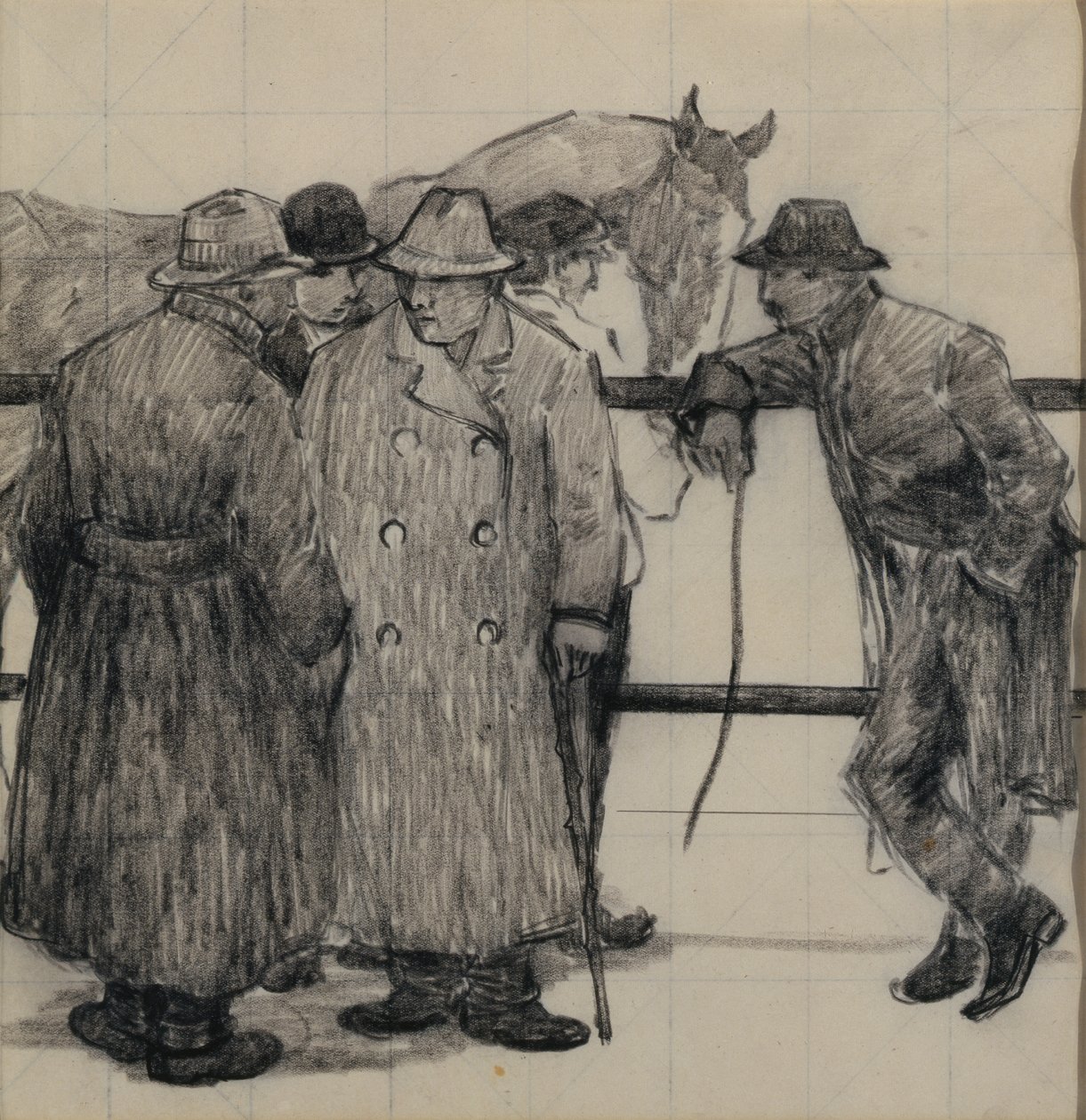 Studium dla handlarzy koni, ok. 1917 (ołówek na papierze w kratkę) autorstwa Robert Polhill Bevan