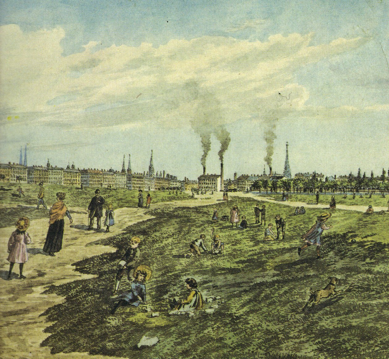 Schmelz jako poligon wojskowy oraz miejsce zabaw i spacerów. Widok na wschód (przekrój) autorstwa Robert Schediwy after painting by M.Neubauer