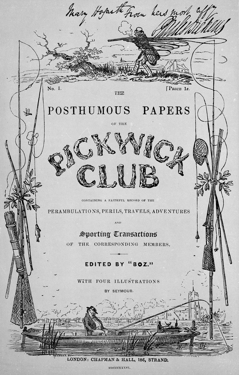 Strona tytułowa „Dokumentów pośmiertnych klubu Pickwicka” Charlesa Dickensa, wydanie 1, 1836 autorstwa Robert Seymour