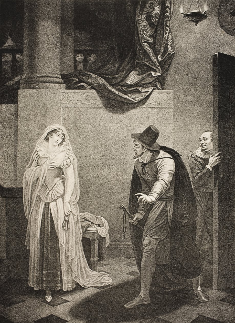 Przed domem Shylocka, akt II, scena V, z „Kupca weneckiego”, z The Boydell Shakespeare Gallery, wydana pod koniec XIX wieku autorstwa Robert Smirke