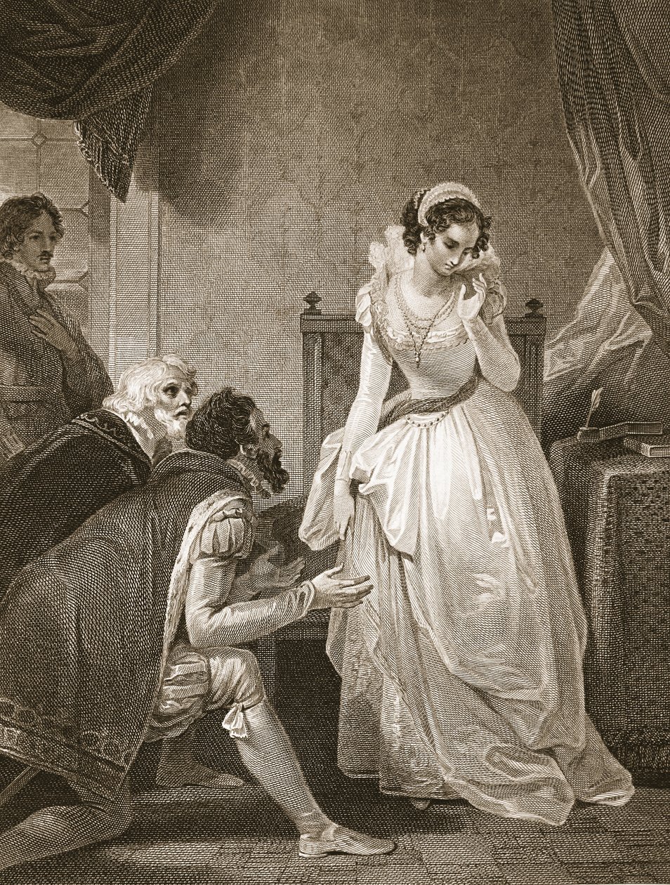 Lady Jane Grey zdejmująca koronę, rycina W. Bromleya, ilustracja z "Historii Anglii" Davida Hume