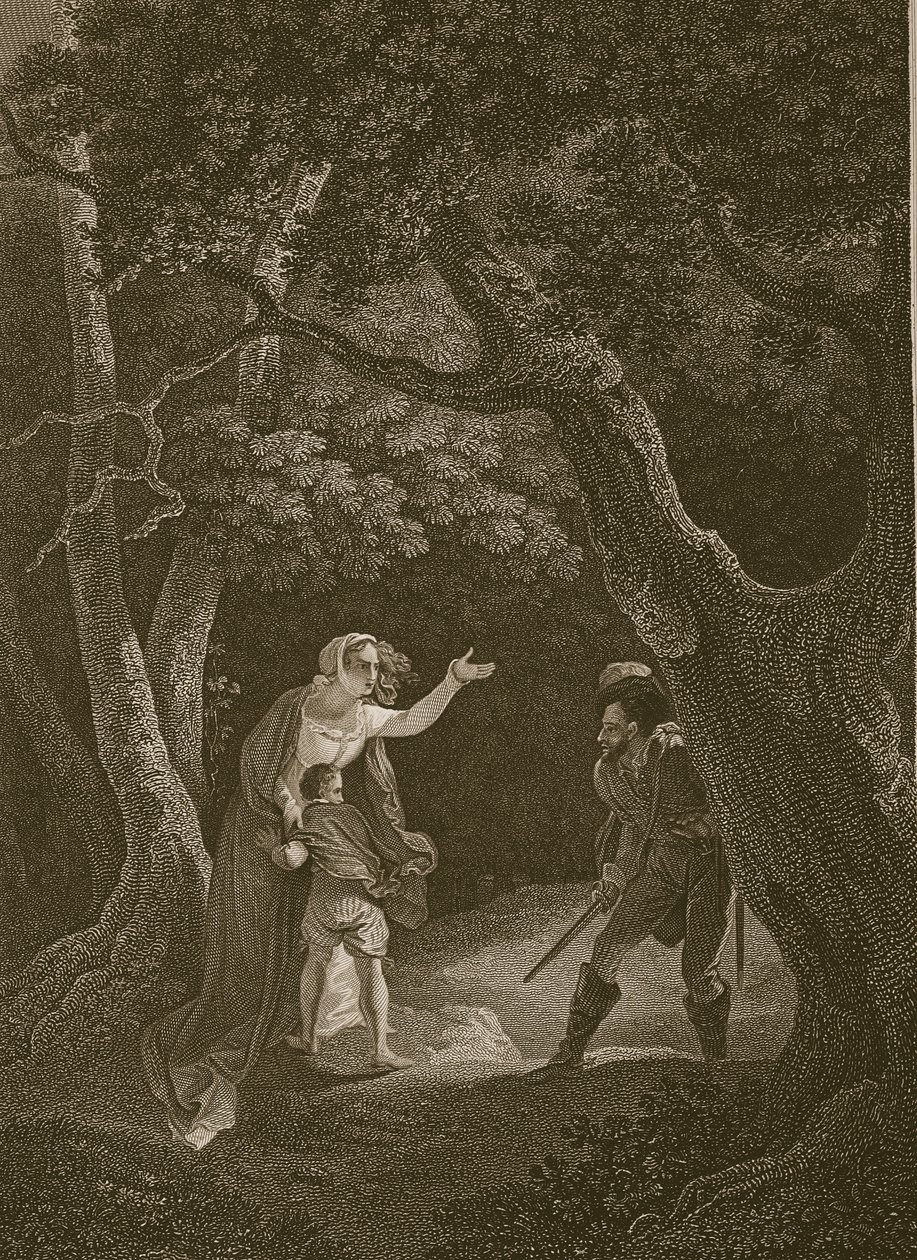 Królowa Małgorzata zaatakowana przez Zbójcę, ryty J. Landseer, ilustracja z „Historii Anglii” Davida Hume
