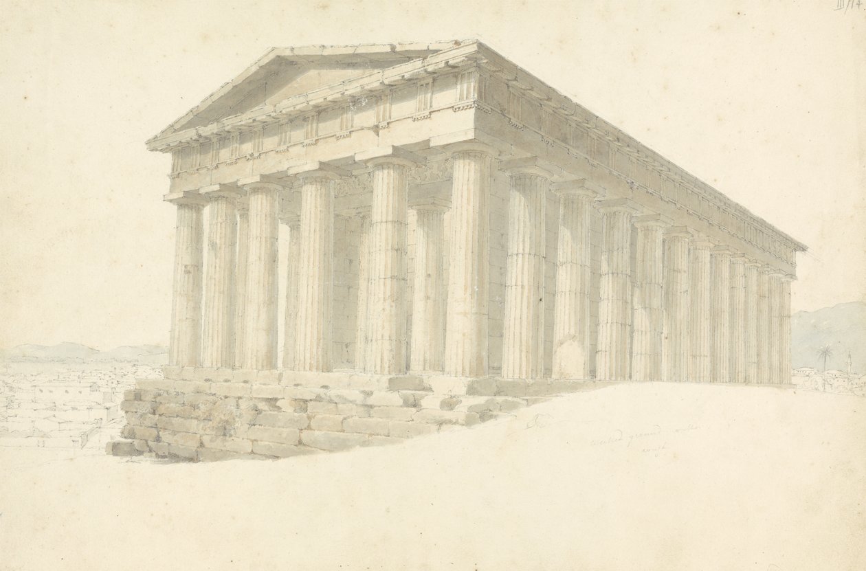 Świątynia, z Kolekcji rysunków ze szkicownika: w czterech płóciennych pudełkach, na grzbiecie wypisane Rysunki kontynentalne, 1802-04 (wc i grafit na papierze) autorstwa Robert Smirke