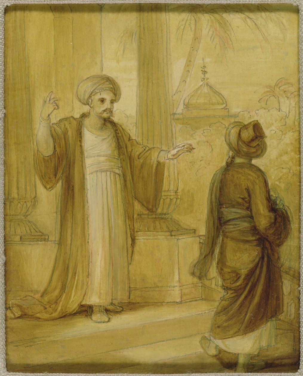 Dwie stojące postacie męskie, ilustracja ze wschodniego romansu, prawdopodobnie „Arabskie noce” (olej na papierze na płycie) autorstwa Robert Smirke