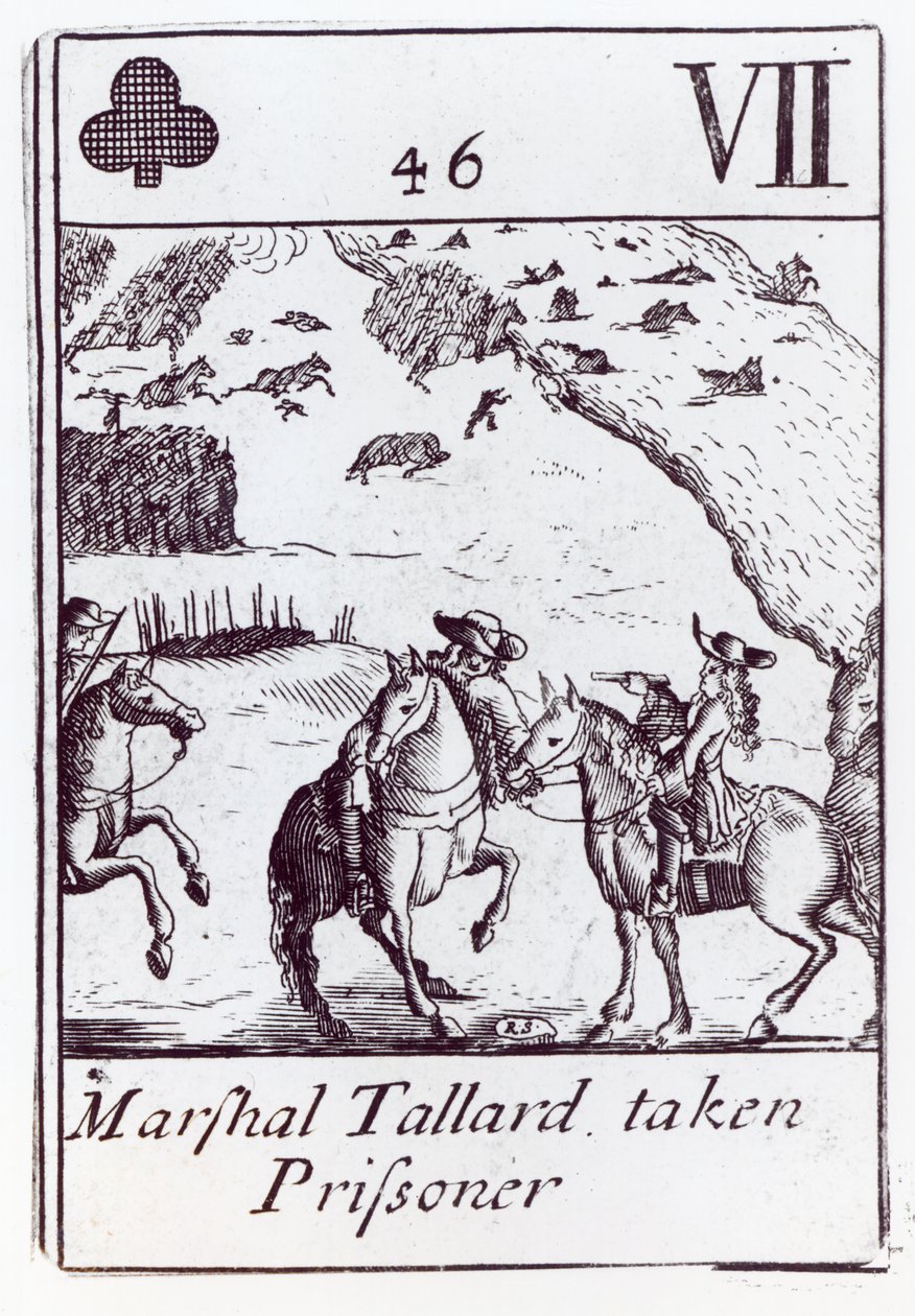 Marszałek Tallard wziął jeńca, siedem klubów w karty z zestawu upamiętniającego wojnę o sukcesję hiszpańską (1702-13) autorstwa Robert Spofforth