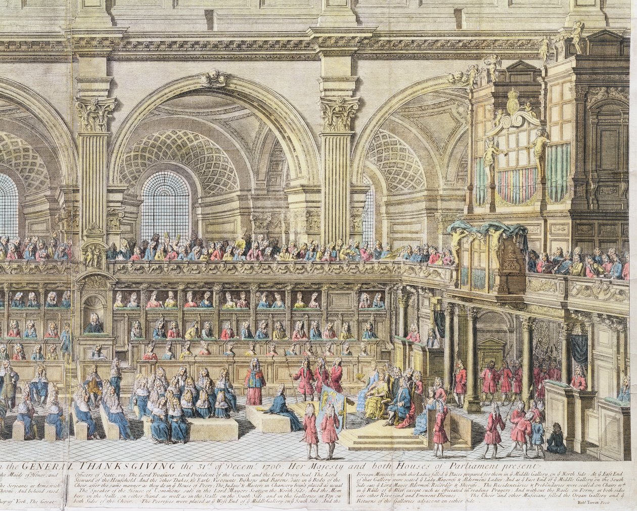 Perspektywa Chóru Katedry św. Pawła w Święto Dziękczynienia, 31 grudnia 1706 r. Obecna Jej Wysokość i obie Izby Parlamentu (rycina ręcznie kolorowana) (szczegół autorstwa Robert Trevett