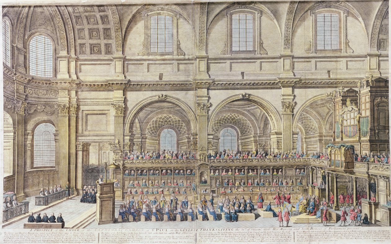 Perspektywa chóru kościoła katedralnego św. Pawła, podczas Powszechnego Święta Dziękczynienia, 31 grudnia 1706 roku. Jej Królewska Mość i obie Izby Parlamentu obecne (rycina ręcznie kolorowana) autorstwa Robert Trevett