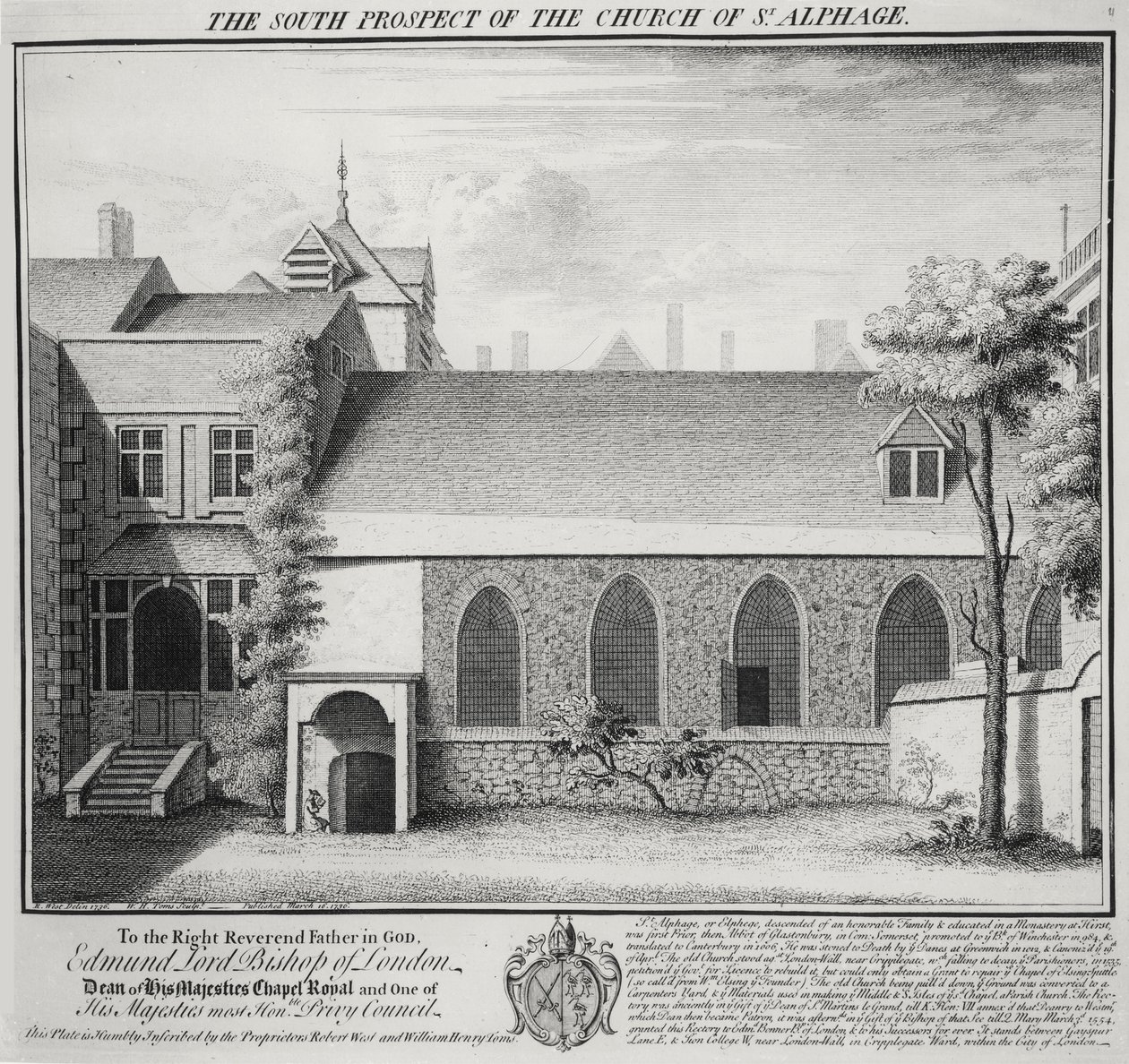 South Prospect kościoła St. Alphage, wyryty przez Williama Henry Tomsa (ok.1700-50) 1736 autorstwa Robert West