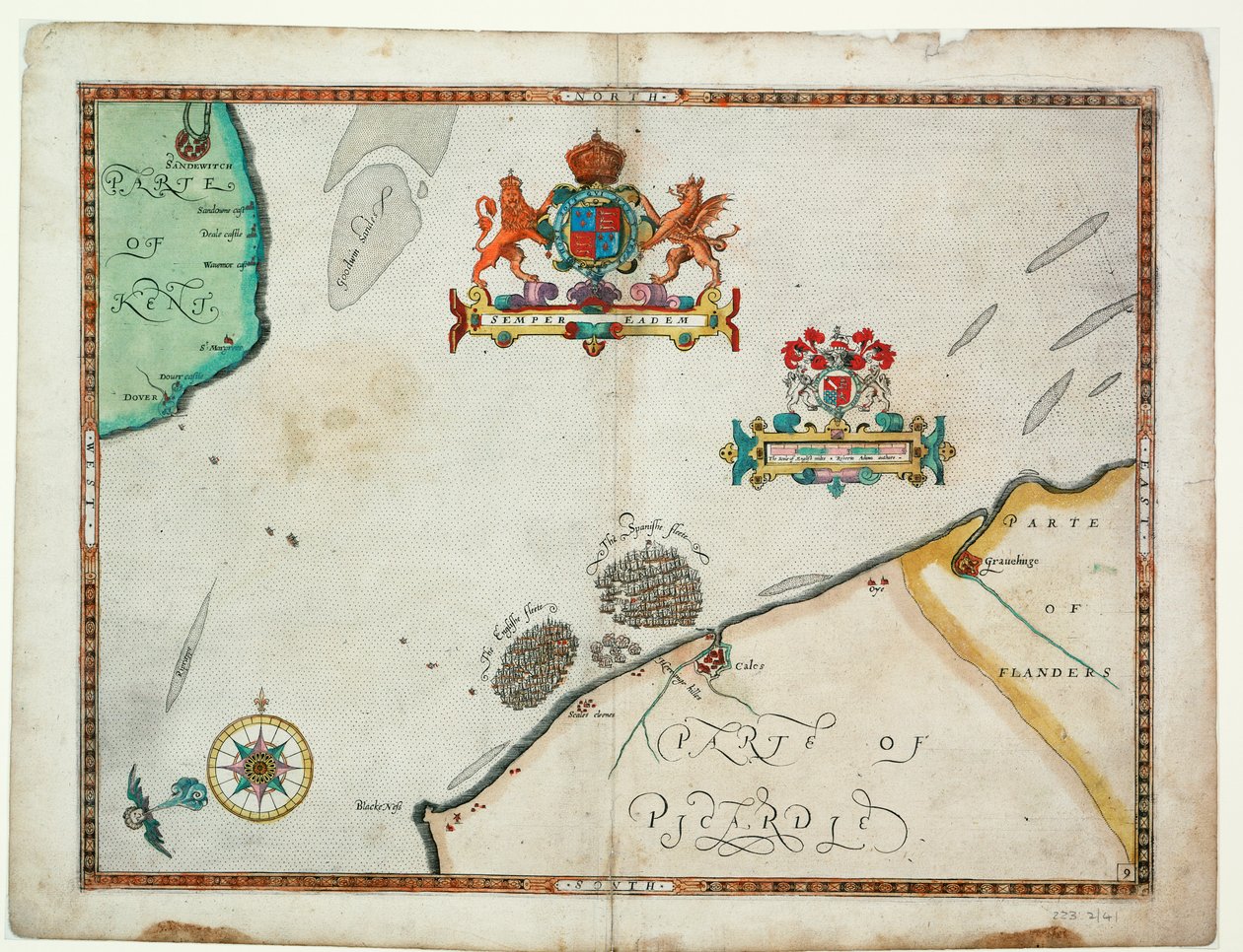 Z Dover do Sandwich i z Blacknerse do Gravelines - Hiszpańska Armada i angielska flota u wybrzeży Calais, ok. 1590 r. (rękopis) autorstwa Robert (after) Adams