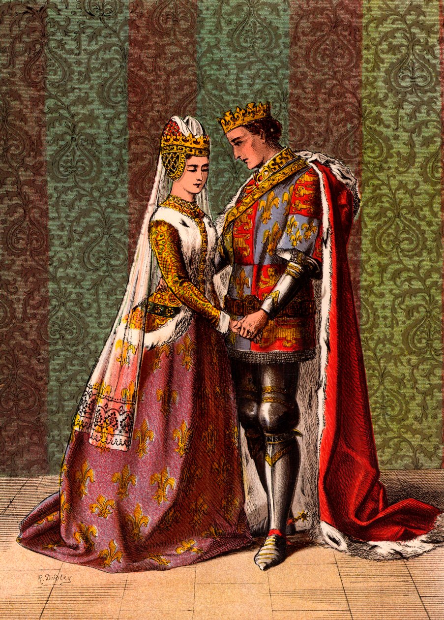 Henryk V, król Anglii, zaloty Katarzyny de Valois, akt V, scena II, „Król Henryk V” Williama Szekspira (chromolitho) autorstwa Robert (after) Dudley