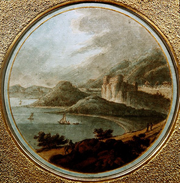 Zamek nad zatoką morską ze statkami, ok. 1775 (pióro i atrament z akwarelą na papierze) autorstwa Robert (attr. to) Adam
