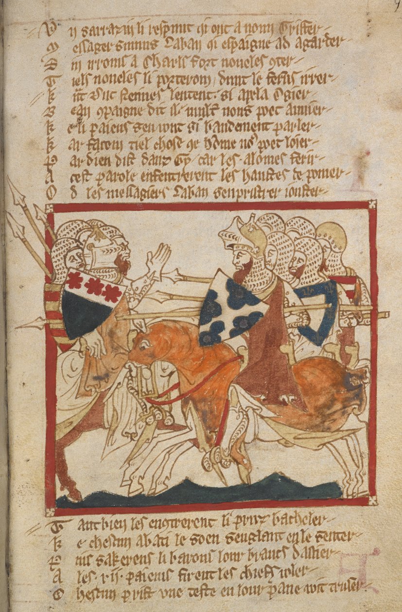 Egerton 3028 f.98 Pokonują Saracenów wysłanych na ich spotkanie, ilustracja z 