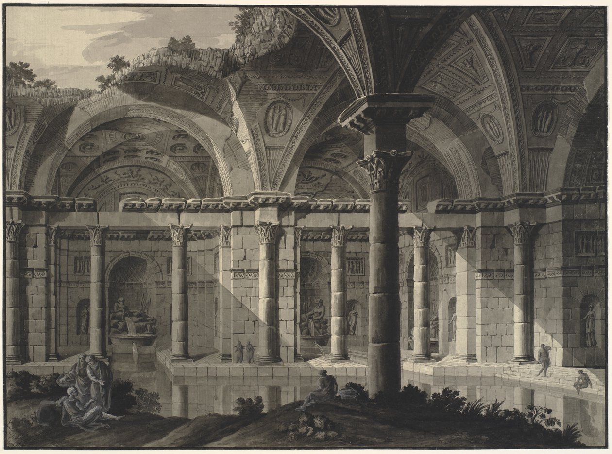 Fantazja architektoniczna antycznej wanny ze zniszczonym dachem i figurami autorstwa Robert Adam