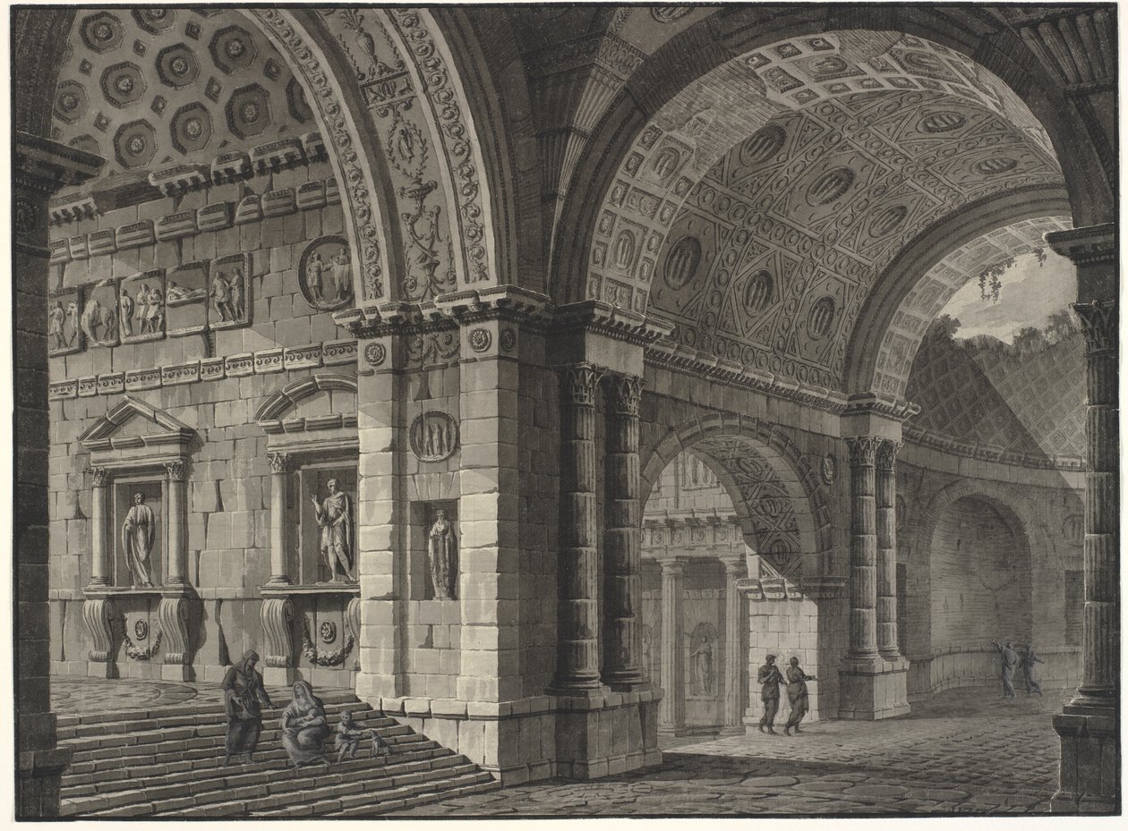 Fantazja architektoniczna wnętrza starożytnego budynku z częściowo zrujnowanymi sklepieniami autorstwa Robert Adam