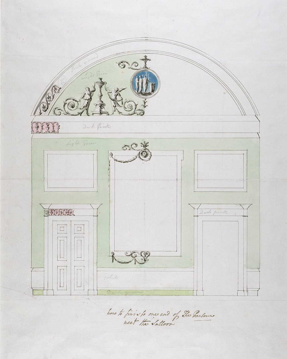 Projekt ściany końcowej lokalu gastronomicznego, Headfort House (długopis i czarny tusz na graficie z wc na papierze wykładanym) autorstwa Robert Adam