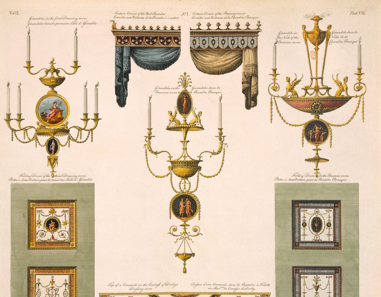 Wzory na gzymsy zasłonowe, żyrandole i drzwi składane, 1774, druk szczegółowy z 61957 autorstwa Robert Adam