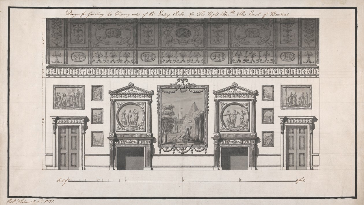 Headfort House, Jadalnia, Kominek (pióro i czarny tusz oraz umyć ołówkiem na papierze) autorstwa Robert Adam